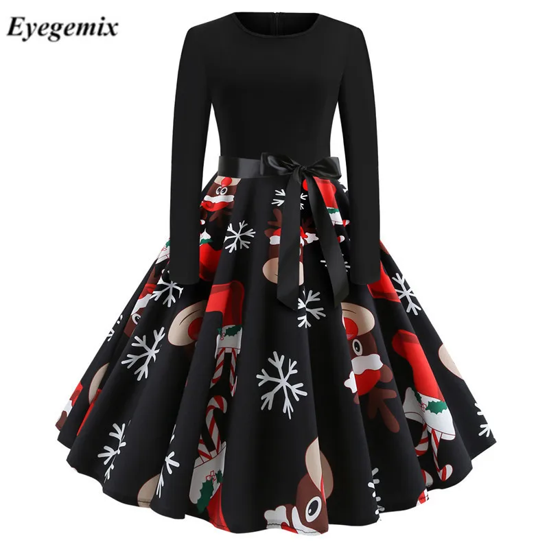 Женское элегантное рождественское платье с длинным рукавом и принтом, винтажные вечерние платья с поясом, черные осенне-зимние облегающие платья с цветочным принтом Vestidos