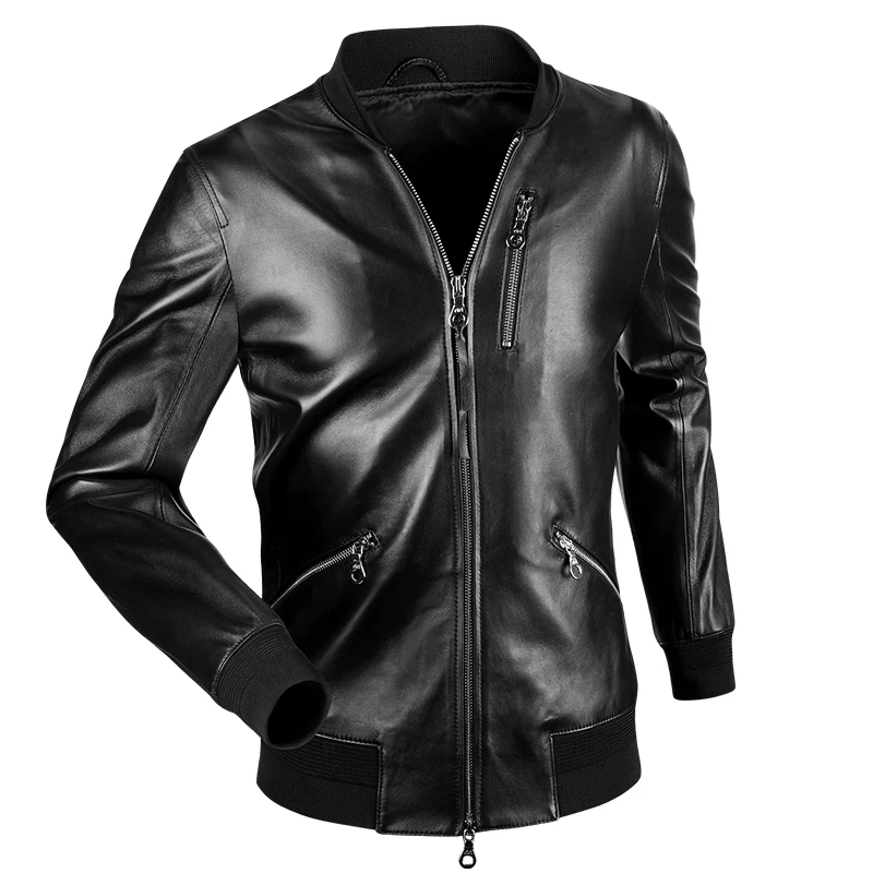 

Free shipping,mens classic baseball leather Jacket,quality genuine sheepskin coat.thin soft black men jackets.fashion sales