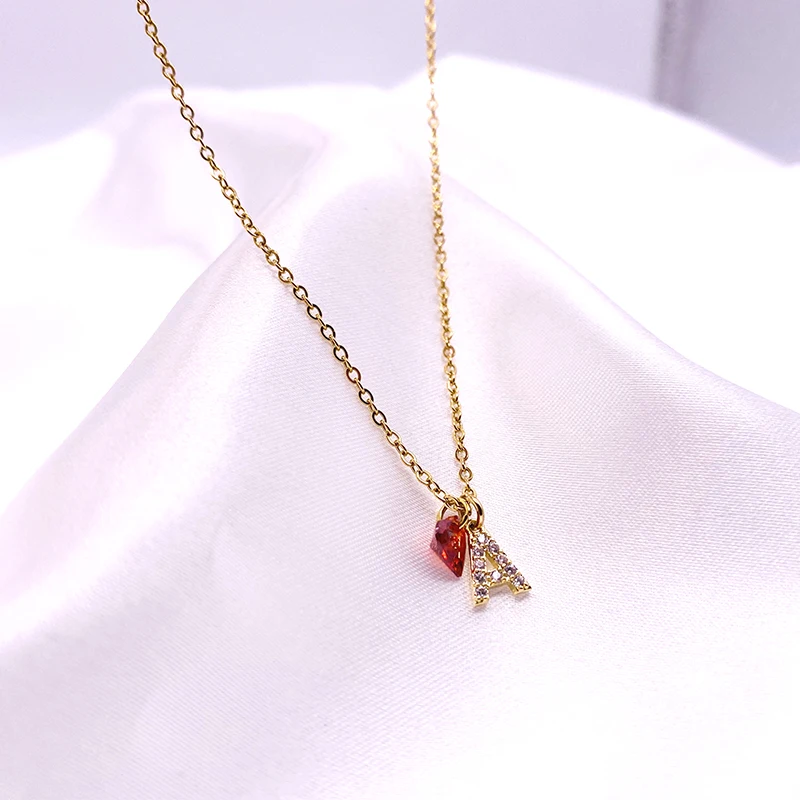 Fashion Tiny Red Stone Heart Dainty Initial Necklace Gold Color Letter Name Choker Statement Necklace For Women Pendant Jewelry