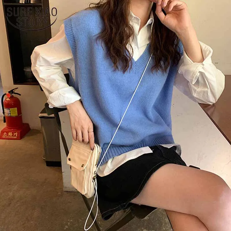 V-neck Womens Knitwear Sweater Knitted Chic Sweaters 2022 Autumn and Winter Solid Sleeveless Pullovers Korean Style 10896 | Женская