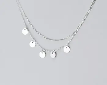 

100% real 925 Sterling Silver Fine Jewelry TWO-ROWS/ Double layers round Disc Coin Pendant Statement station Necklace GTLX2023
