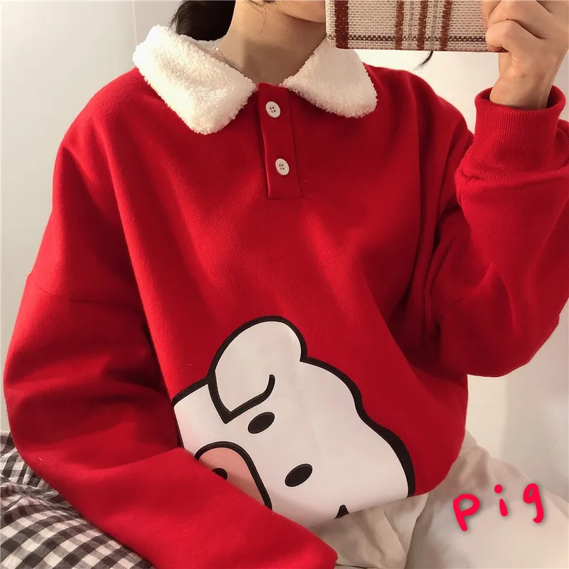 

2019 autumn and winter loose imitation lamb fur collar plus velvet long sleeve red pig jacket sweatshirt WGNVWY15