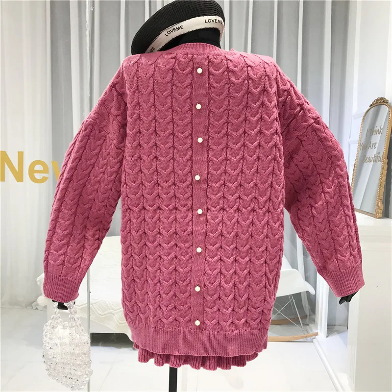 ALPHALMODA вязаный женский костюм зима твист большой свободный свитер Мини юбка 2 шт. повседневный комплект с пуговицами сзади милый женский костюм