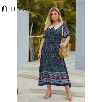 

JLI MAY Women's Dress Bohemian Print V-Neck Patchwork Embroidered Short Sleeve Empire A-Line Plus Size Long Dress