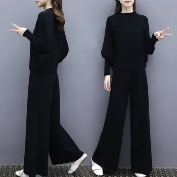 

2 piece set autumn new fashion women's bat sleeve knit wide leg pants suit female loose large size two-piece female