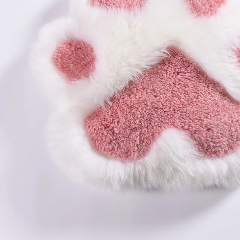 Single side cute sheepskin fur cat's claw shaped pillow, decoration merino fur pink seat cushion