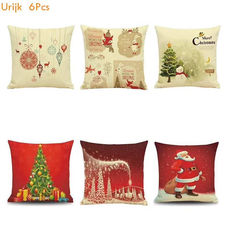 Urijk 6Pcs Merry Christmas Cushion Cover Santa Claus Pillowcase Polyester Linen Throw Pillow Car Home Sofa Decorative 45*45cm