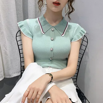 

Summer Ice Silk Polo Shirt Women's Thin Style Knitting Shirt 2020 Doll Collar Ruffles Slim Short Sleeve Top 3 Colors S M L XL