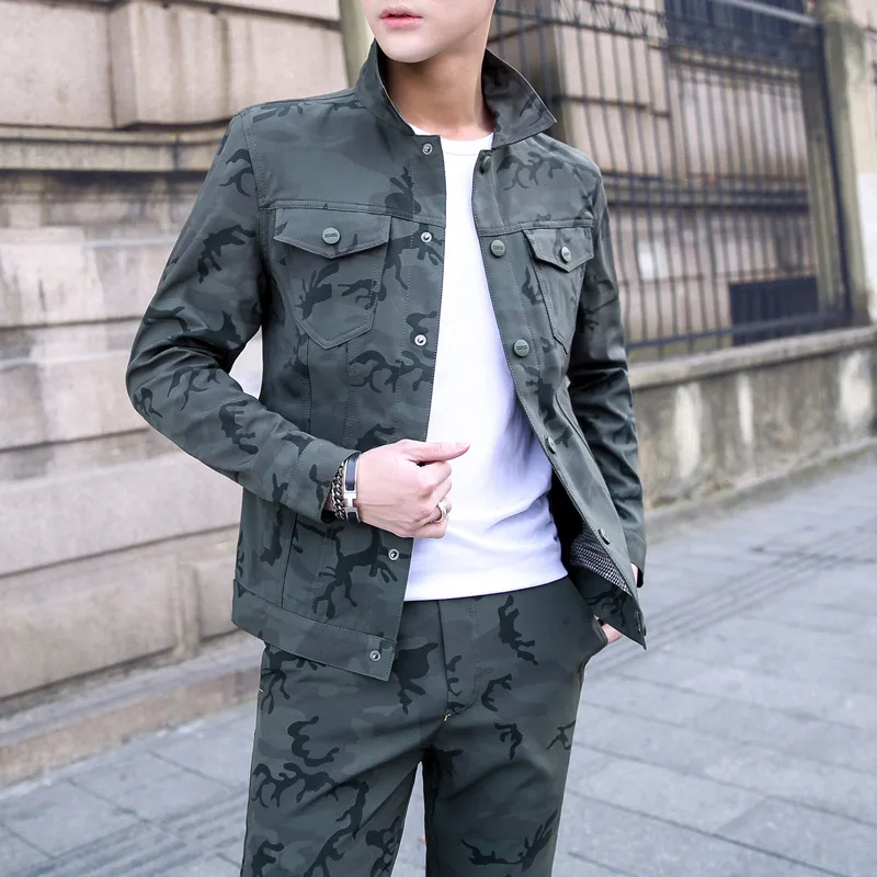 

Spring And Autumn Casual Jacket Suits Men's Korean-style Slim Fit Fold-down Collar Men Camouflage Coat Trousers Set Fashion Man