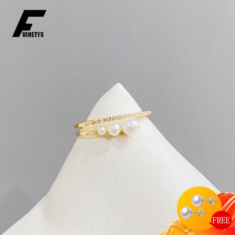 

FUIHETYS Women Ring 925 Silver Jewelry with Pearl Zircon Gemstone Open Finger Rings Accessories for Wedding Party Gift Wholesale