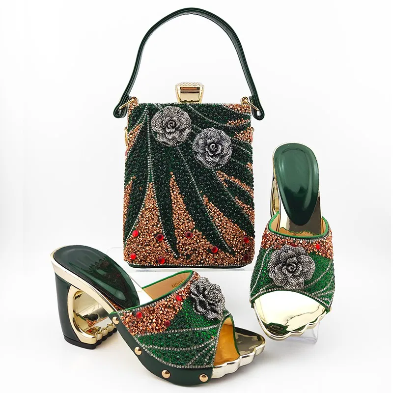 

Graceful Dark Green With Flower Lady High Heel Pumps Shoes And Handbag Set With Stones MD013 Heel Height 9CM