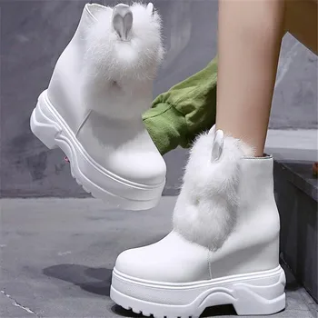 

Hidden Wedge Women High heel Boots Fashion Furry rabbit Winter Women Shoes Platform Warm Fur Shoes Woman Ankle White Snow Boots