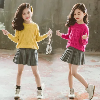 

Kids Clothes Girls Back To School Outfit Solid Color Two Piece Skirt Set Pullover Knitted Sweaters + Grey Skirts Kids Tracksuit