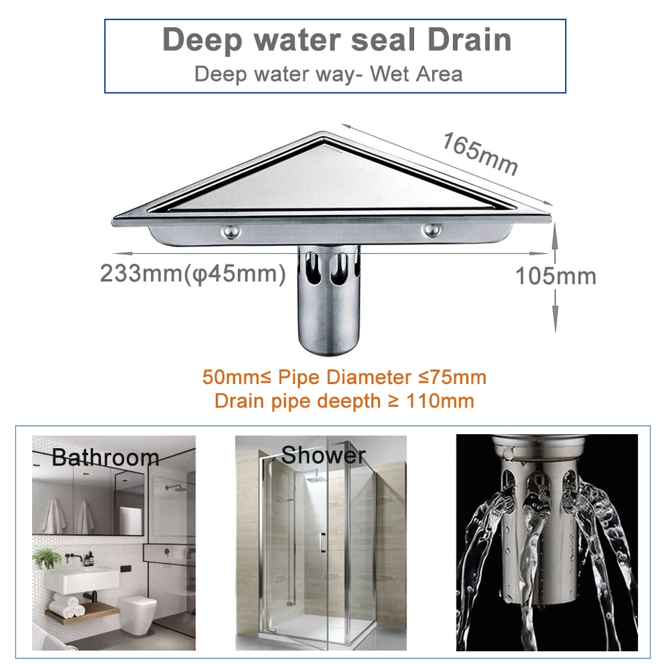 Floor Drain Shower Hidden Type Triangle Tile Insert Floor Waste