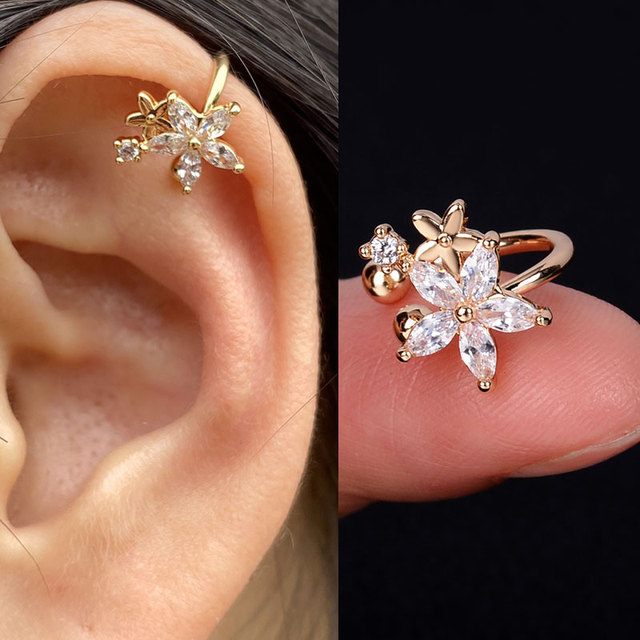 Korean Style Women Girls Flower Leaf Clip Earrings Without Piercing Rainbow Earring Crystal Zircon Ear Cuff  Fashion Jewelry