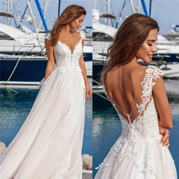 

Sheer Scoop A-Line Chiffon Skirt Wedding Dress 2021 Buttons Back Custom Beach Bridal Gowns Buttons Back Lower Back Sexy Spring