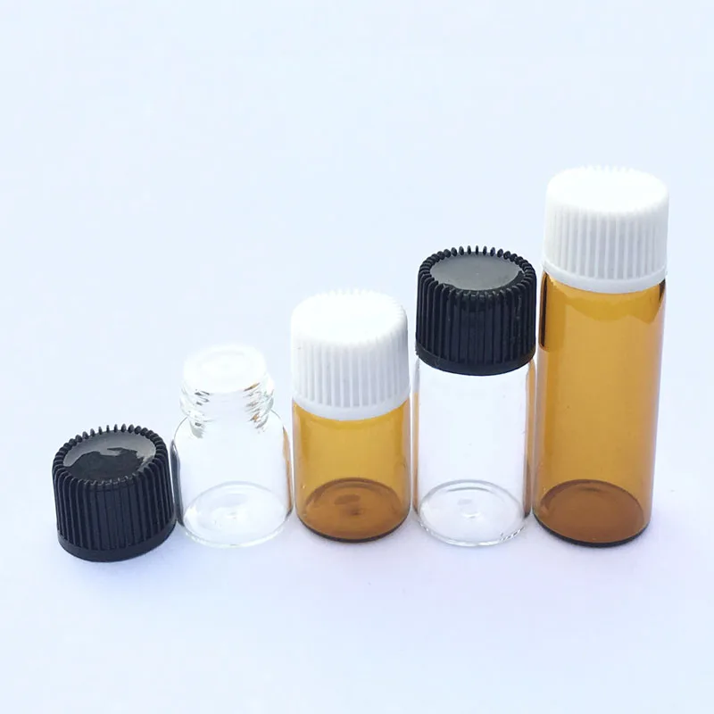 

5000pcs 1ml 2ml 3ml 5ml Mini Empty Liquid Amber Glass Bottle with Orifice Reducer Small Essential Oil Clear Vials