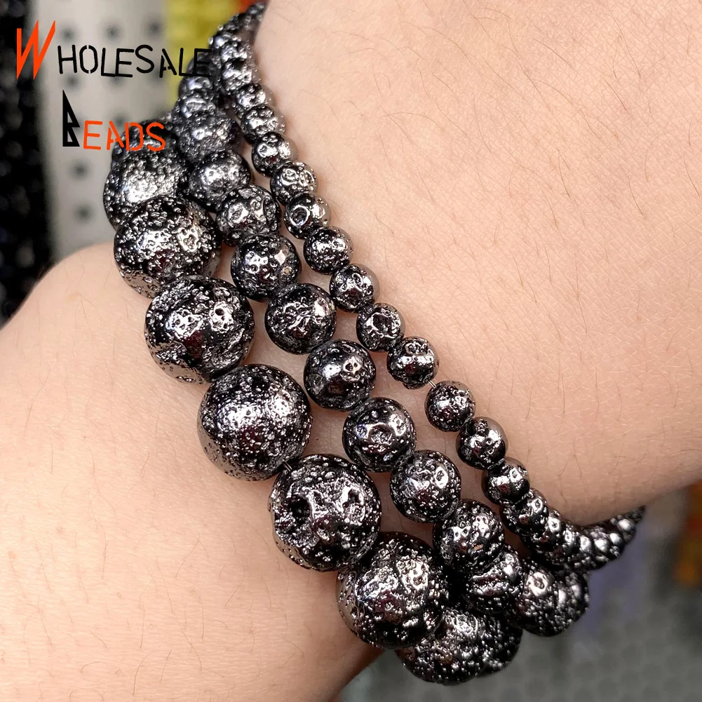 4/6/8/10mm Natural Stone Beads Black Lava Hematite Stone Loose Round Beads  For Jewelry Accessories Making Bracelet 15