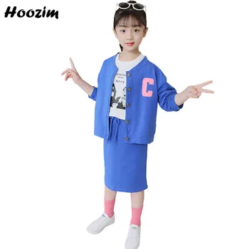 

Spring Suit Gor Girls 4-11 Years Blue Letter Bomber Jacket+Long Sleeve T Shirt+Split Skirt Set Children Chic Girls Clothing Set