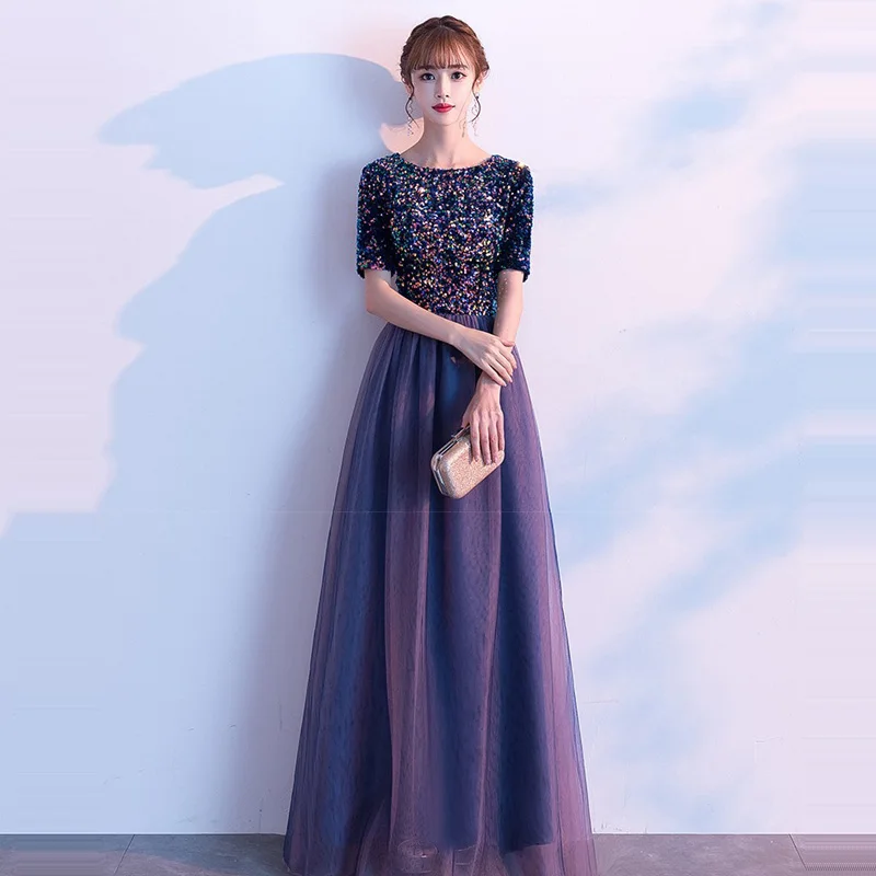 

Colorful Sequin Robe De Soiree R253 O-Neck Women Party Dresses 2020 Half Sleeve Evening Gowns A-Line Long Zipper Elegant Vestido