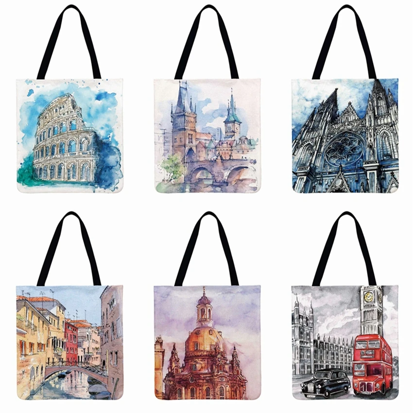 

Travel Landscape Printing Tote Bag Women Clutch Bag Big Tote Purse Linen Febric Casual Tote Foldable Shopping Bag Beach Bags