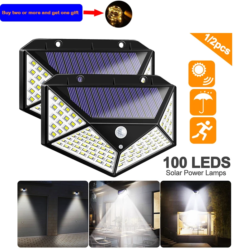 

100 LED Four-Sided Solar Power Light 3 Modes 120 Degree Angle Motion Sensor Solar Wall Lamp Outdoor Waterproof Garden Yard Lamps