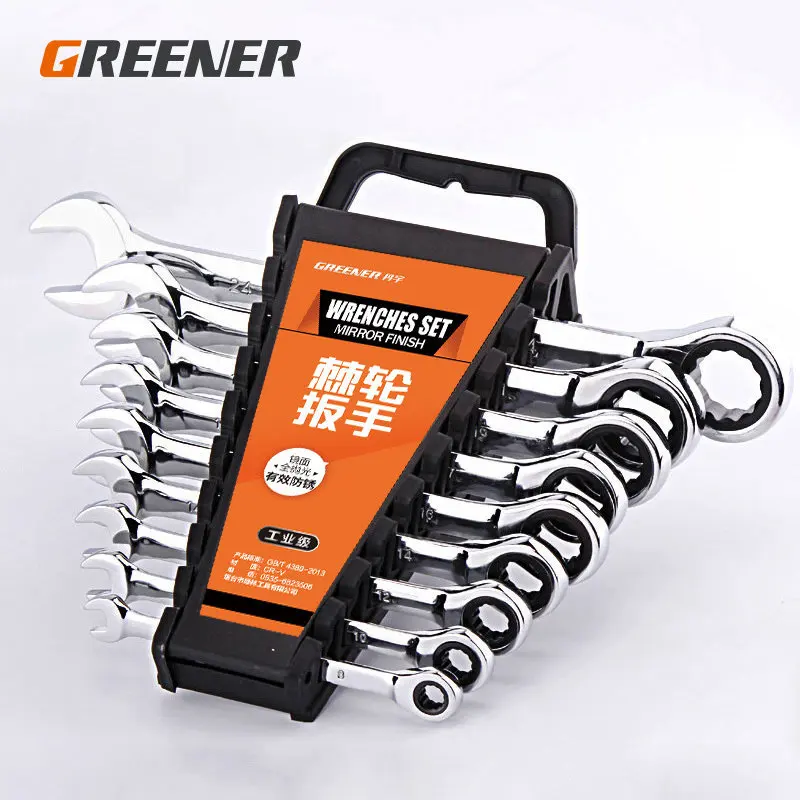 

Greenwood Adjustable Ring Spanner Set Dual Purpose Ratchet Wheel Fork Spanner Set 13/14/15 Auto Repair dai ban shou Tool