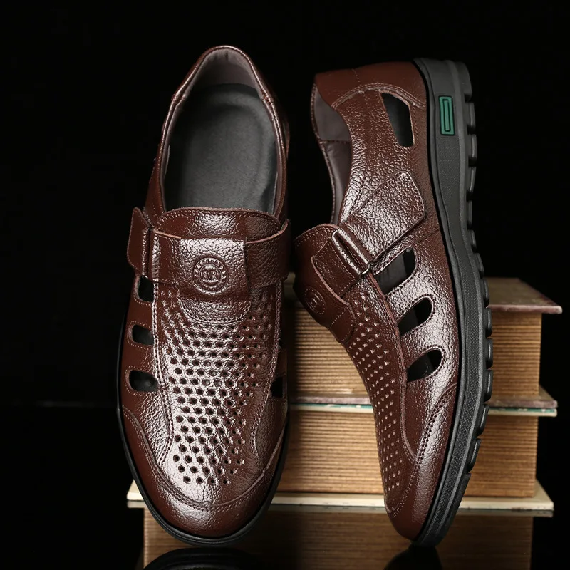 

Men's shoes Hollow breathable leather sandals Men's business dress trend black leisure shoes