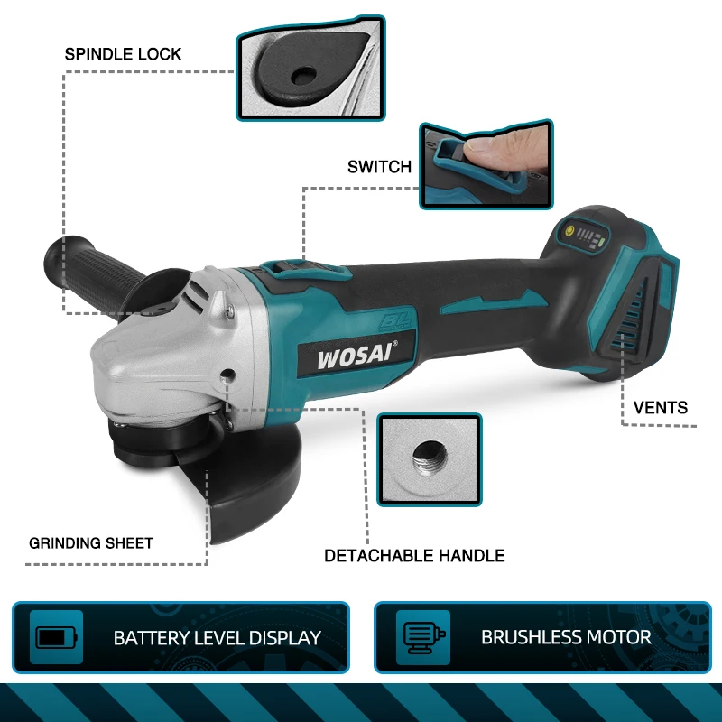 WOSAI MT Series 20 в 125 мм бесщеточный беспроводной угловой шлифовальный станок с