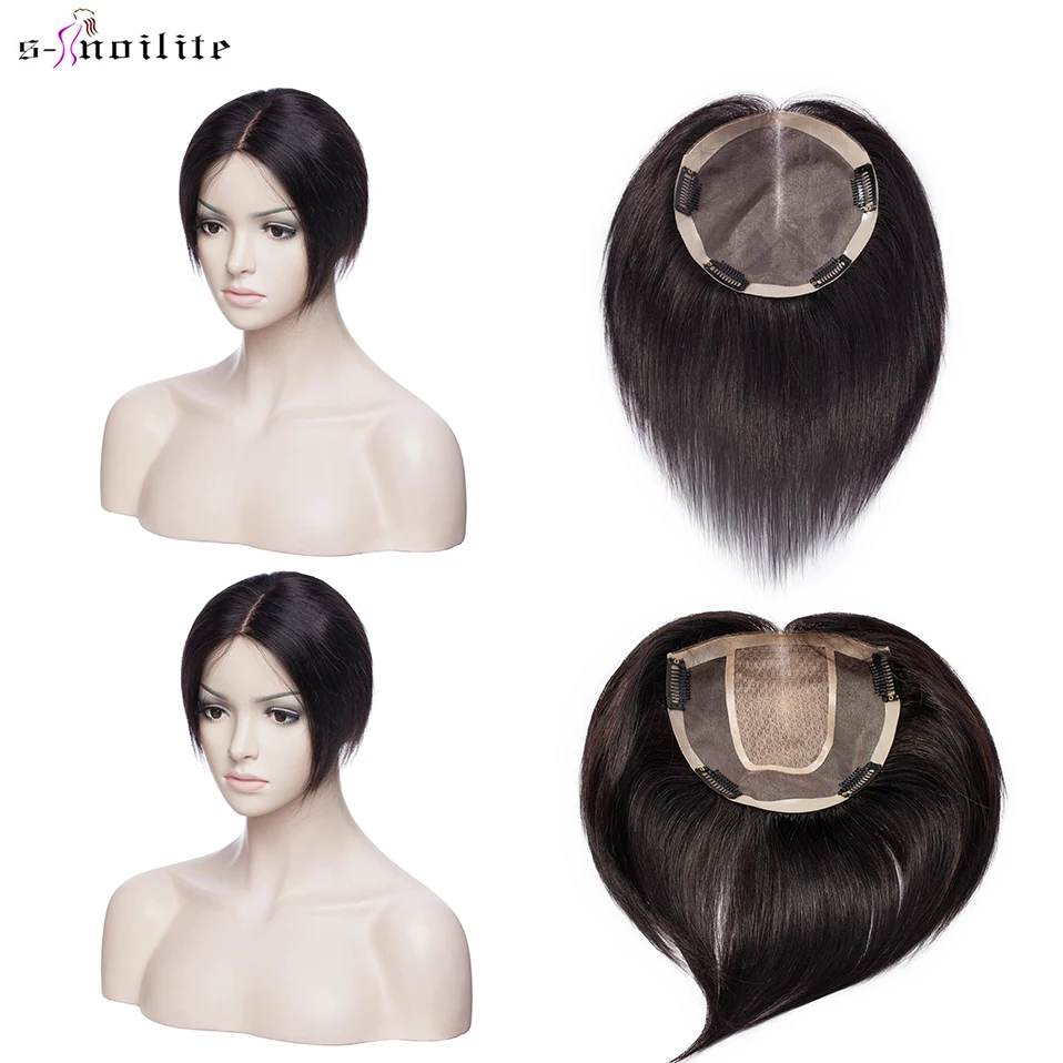 S-noilite 6Inch 15x15cm Remy Human Hair Silk Base Toppers For Short Wig Women Mono Density 140% Clip in Hair Extensions Top Hair
