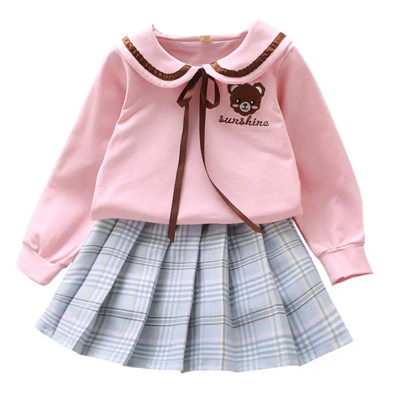 

2020 Baby Girl Clothes Long Sleeve Cartoon Blouse Plaid Pattern Short Pleated Skirts Casual Outfits Set