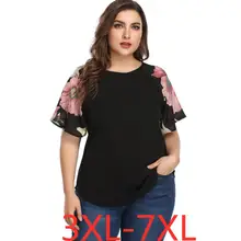 Летние топы больших размеров для женщин, свободная Повседневная шифоновая футболка с короткими рукавами и принтом, топ большого размера, черная 3XL 4XL 5XL 6XL 7XL