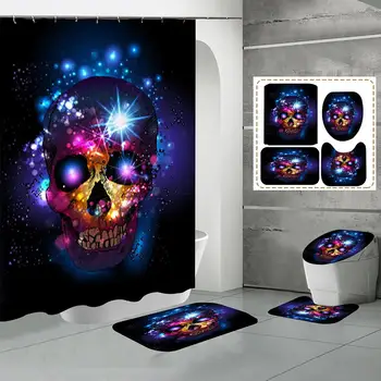 

Polyester Shower Curtain Skull Hallloween Skeleton Bathroom Mat Set Toilet Seat Cover Rug New Creative