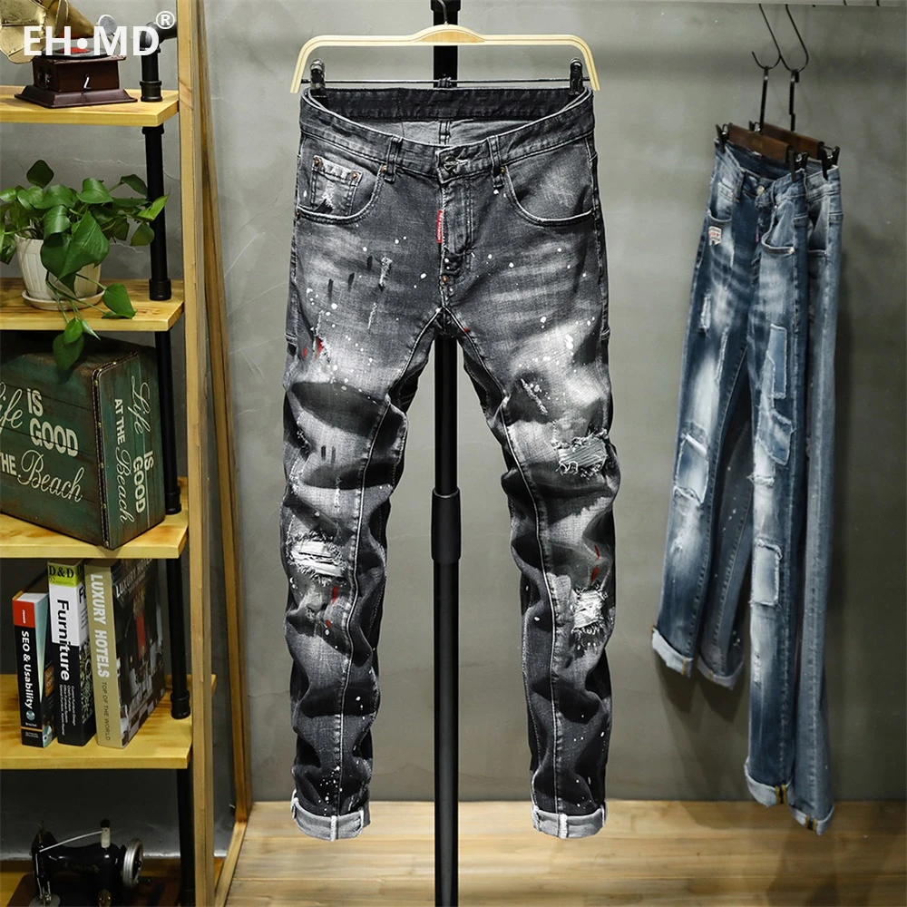 Eh · Md®Gescheurd Gat Jeans Mannen Verf Stippen Inkt Spetterde Zachte  Katoen Hoge Elastische Lederen Label Zwart Grijs Slanke Broek Rood oren  2|Jeans| - AliExpress