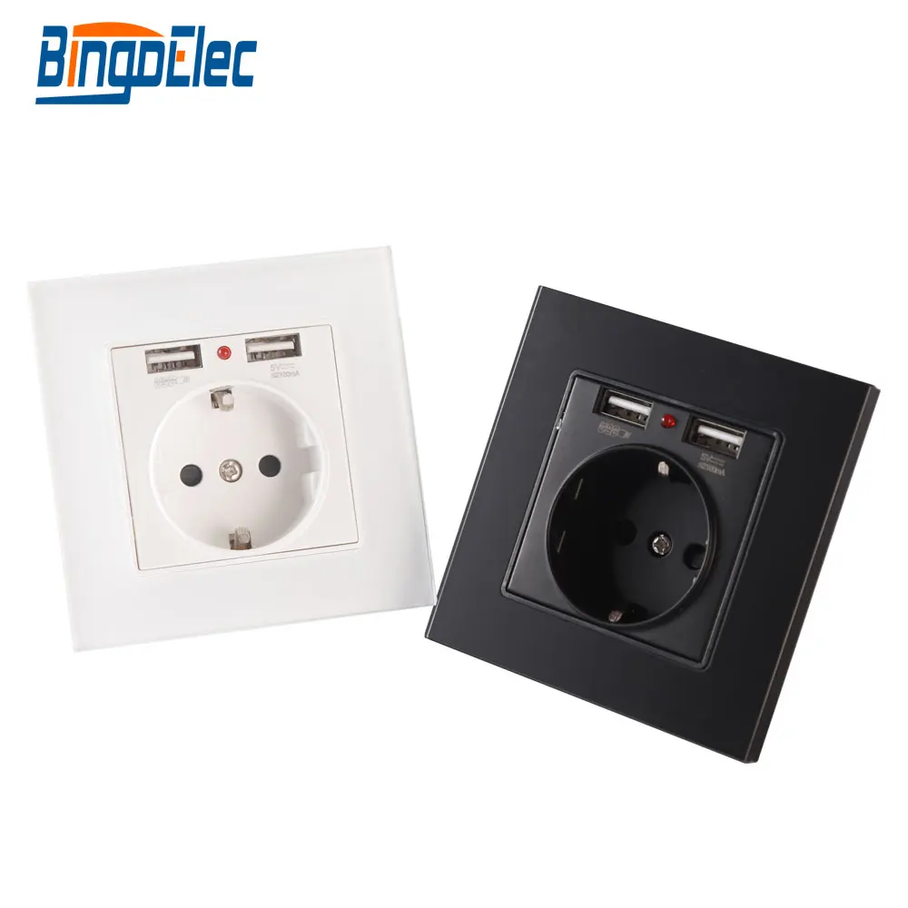 Eu Power Socket With Usb For Home ,dual Usb Plug 5v Glass Panel 86*86mm