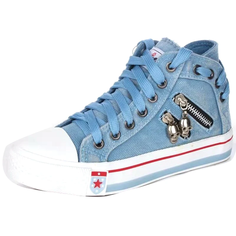 Women New Denim Flat-heel Round Toe Lace-up Skull Metal Decoration High-top Comfortable Fashion Classic Platform Casual Sneakers 