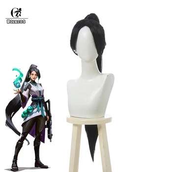 

ROLECOS Sage Cosplay Wigs Long Hair Headwear Cosplay Game Valorant Sage Black Long Hair 80CM Wig Headwear Halloween