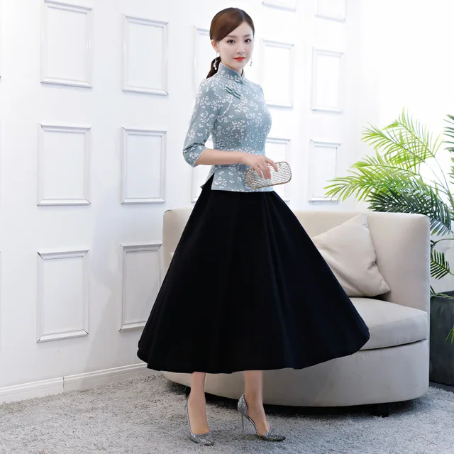 Skirt Традиционная Женская рубашка с воротником мандарина, классическая одежда с цветочным принтом, 3XL, одежда ручной работы на пуговицах, винтажная женская блузка - Цвет: Skirt