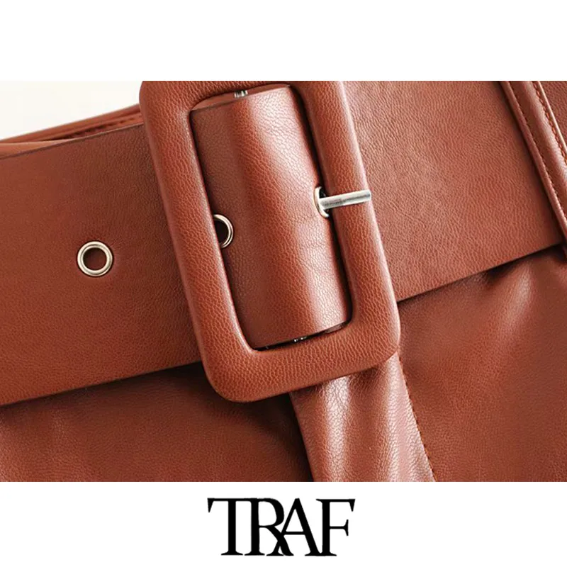 TRAF Женские винтажные шикарные штаны из искусственной кожи с поясом, штаны с высокой талией, модные женские брюки на молнии с боковыми карманами