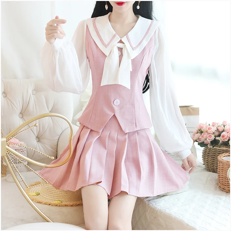 Pink Розовая японская школьная форма аниме COS костюм моряка топ+ юбка JK темно-синий стиль Студенческая Одежда для девочек с длинным рукавом наряд - Цвет: Pink