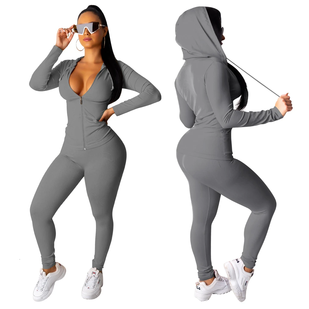 C8 Yellow Sexy Skinny Two Piece Set Women Autumn Winter Long Sleeves Hooded Zipper Top And Full Length Pant Solid Casual Tracksuits - Цвет: C8