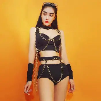 

Jazz dance costume black bikini chain set nightclub singer Dj Ds women pole dance stage costume ladies Hip hop streetwear S M L