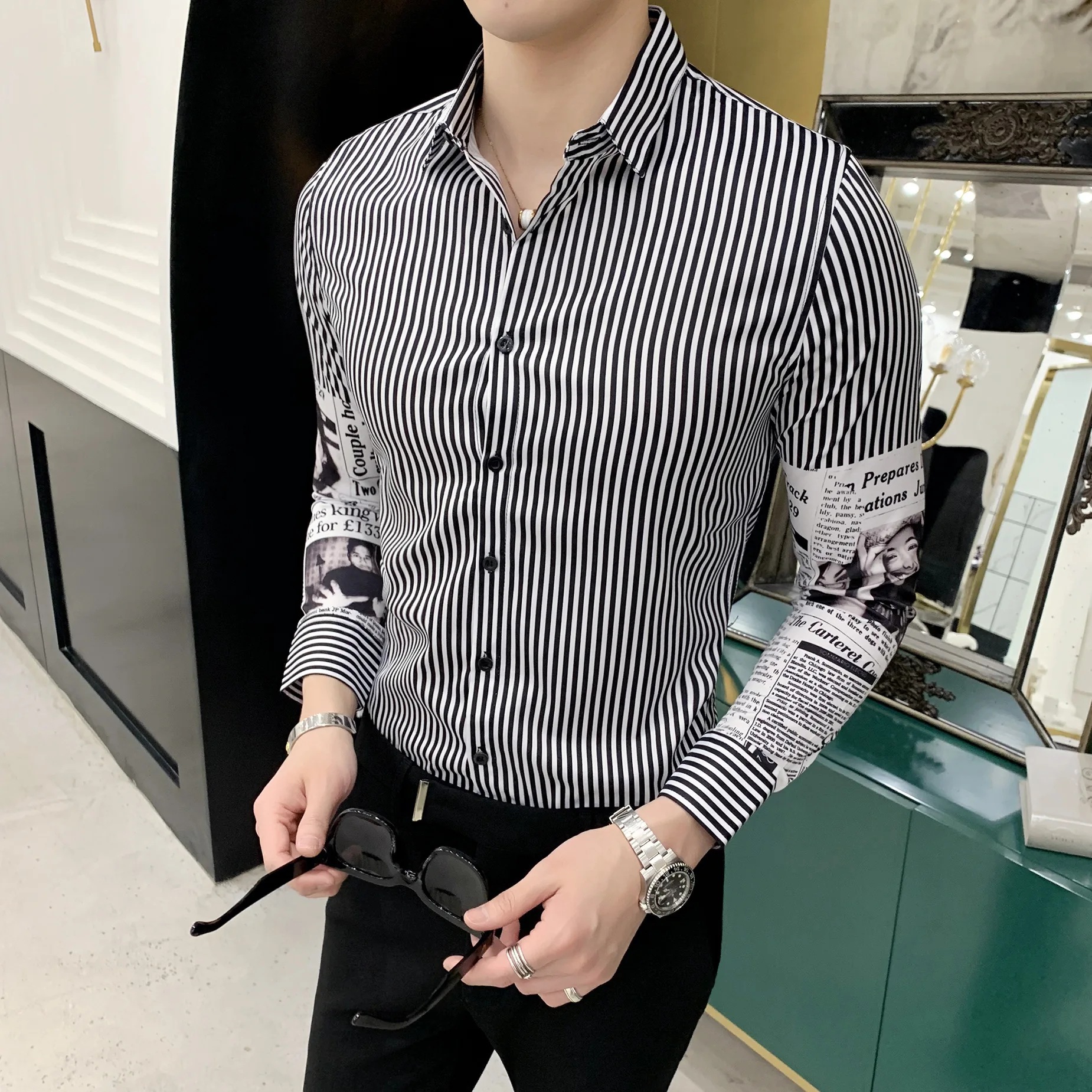 

Stripe Designer Shirt Men Casual Shirts Slim Fit Long Sleeve Fashion Dress Camisa Masculina Social Men Party Club Prom Shirt