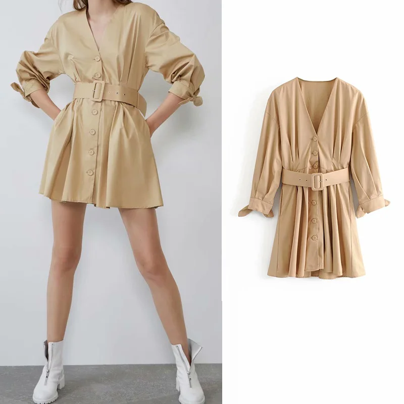 

Engalnd women dress solid color v neck sashes dress female knotted sleeve vestidos chic single breasted casual female dresses