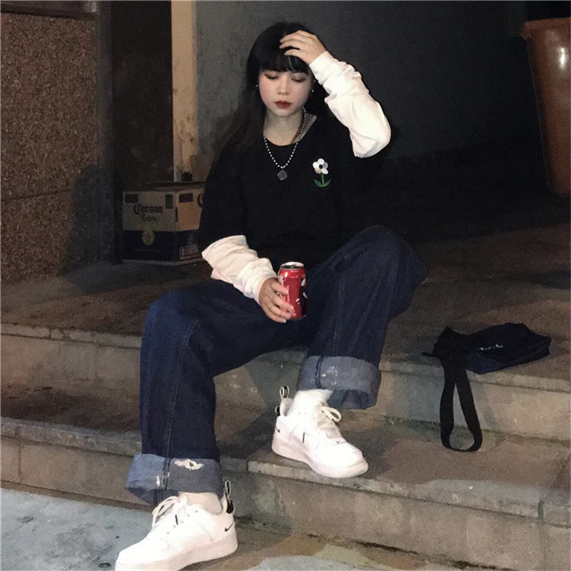 Lychee Harajuku Популярные Цветные Лоскутные женские футболки с длинным рукавом Женские футболки с цветочной вышивкой свободные осенние женские футболки