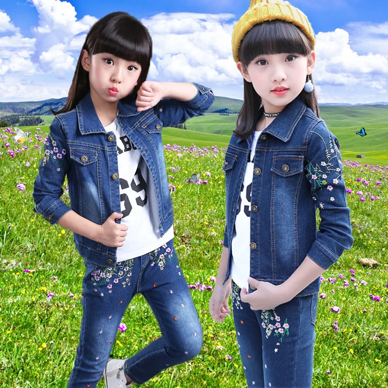 

Korean-style 2019 New Style Spring And Autumn Girls Denim Suit CHILDREN'S Garment Little Girl Clothes-Year-Old 10 Broken Flowers