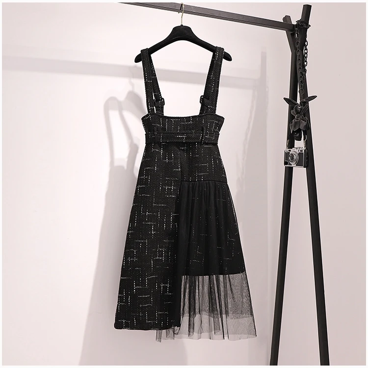 Oshangchaopin женский модный элегантный осенне-зимний комплект из 2 предметов Водолазка с длинным рукавом Тонкий свитер+ слинг сетка лоскутное твидовое платье