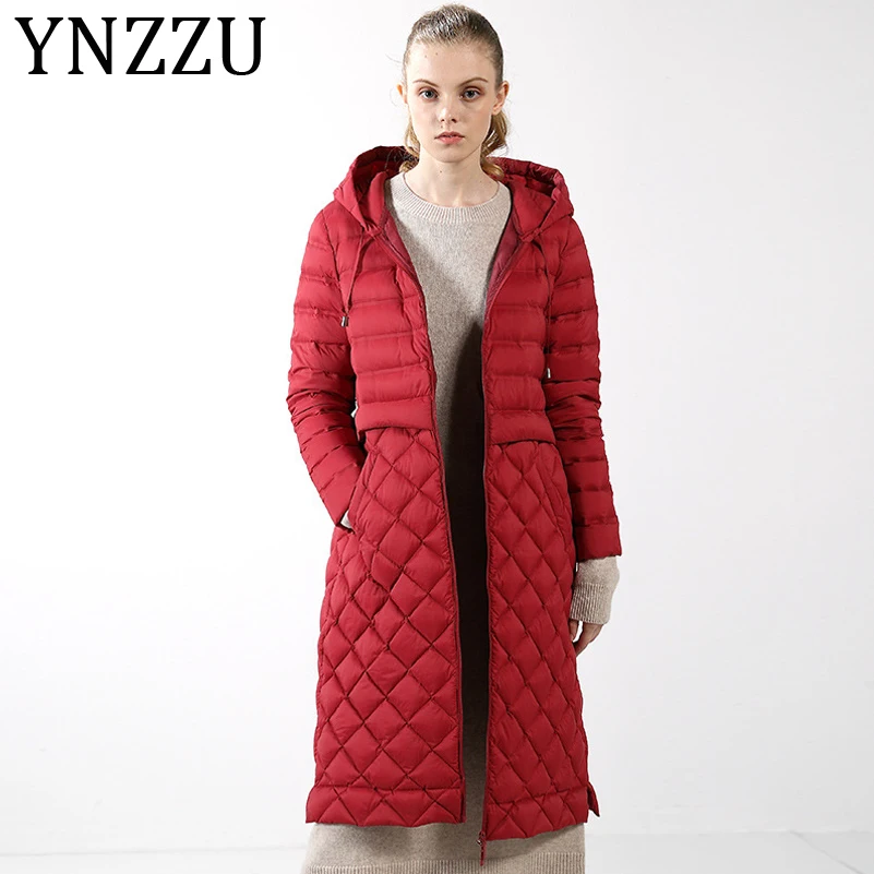 

YNZZU Elegant High Waist Slim Down Jackets Women 2019 Autumn Winter Long White Goose Down Coats Female Jacket with Hooded A1101