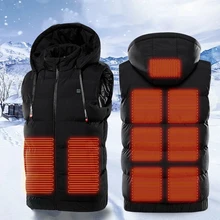 :9 Areas Heated Vest With Hat Men Dual Control Autumn Winter Smart Heating Vest Cotton Women Electrical USB Heating Jackets