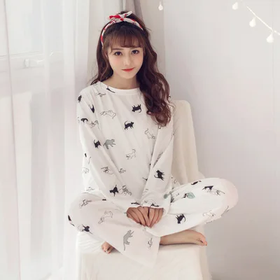 

2017 Autumn Long Sleeve New Style Korean-style Cute Cartoon Cat Pajamas Women's Loose And Plus-sized Two-Piece Set Home Wear